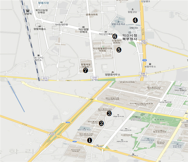 함열읍,오산면의 비상대피시설 1번~7번까지의 위치를 나타냄 자세한 위치는 아래표에서 제공합니다.