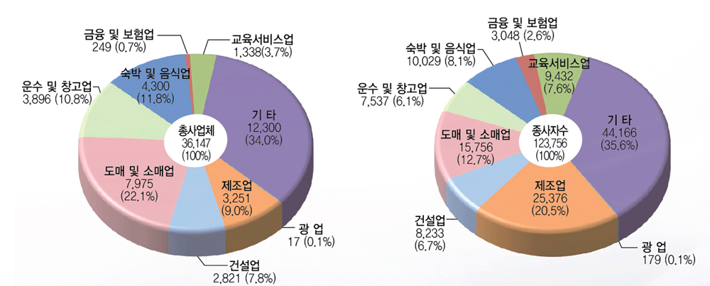 총사업체 : 36,1477(100%) - 도매 및 소매업 7,975(22.1%), 운수 및 창고업3,896 (10.8%),숙박 및 음식업 4,300(11.8%), 금융 및 보험업 249 (0.7%), 교육서비스업 1,338(3.7%), 기 타 12,300(34.0%), 광 업 17 (0.1%), 제조업 3,251(9.0%), 건설업2,821 (7.8), 총 종사자수 : 종사자수 123,756(100%) - 도매 및 소매업15,756(12.7%), 운수 및 창고업 7,537 (6.1%), 숙박 및 음식업 10,029 (8.1%), 금융 및 보험업 3,048 (2.6%), 교육서비스업 9,432(7.6%), 기 타 44,166(35.6%), 광 업 179 (0.1%), 제조업25,376(20.5%), 건설업 8,233(6.7%)