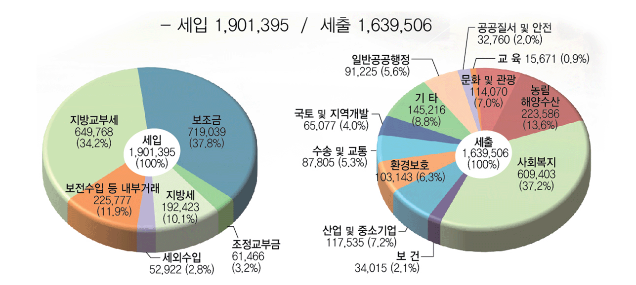 세입 1,901,395(100%) - 보조금 719,039 (37.8%), 조정교부금 61,466(3.2%), 지방세 192,423(10.1%), 세외수입 52,922(2.8%), 보전수입 등 내부거래 225,777(11.9%), 지방교부세 649,768(34.2%), 
세출 1,639,506(100%) - 사회복지 609,403(37.2%), 농림 해양수산 223,586(13.6%), 문화 및 관광 147,070(7.0%), 교 육 15,671 (0.9%), 공공질서 및 안전 32,760 (2.0%), 일반공공행정 91,225 (5.6%), 기 타 145,216(8.8%), 국토 및 지역개발 65,077 (4.0%), 수송 및 교통 87,805 (5.3%), 환경보호 103,143(6.3%), 산업 및 중소기업 117,535 (7.2%), 보 건 34,105 (2.1%)